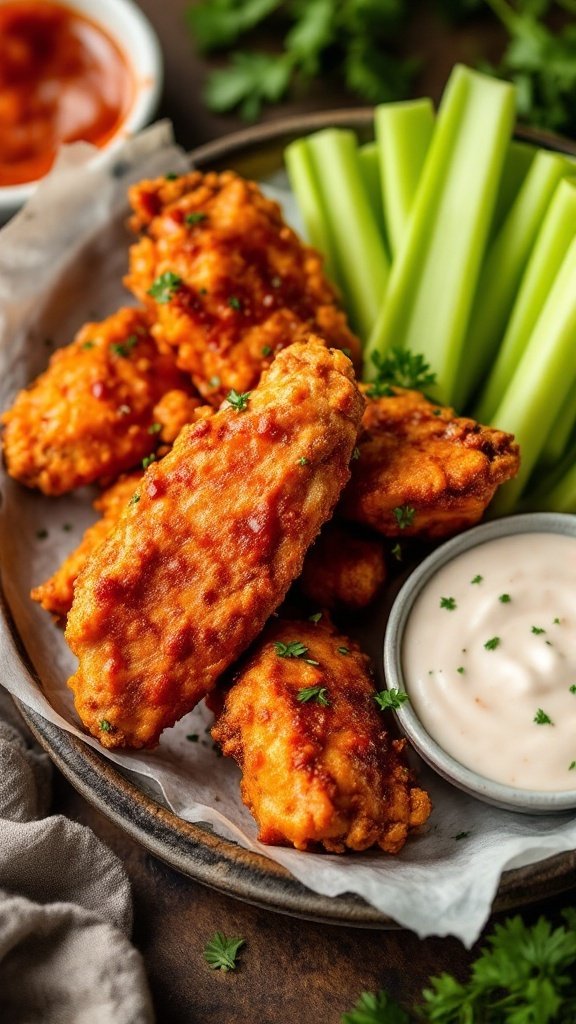 Buffalo tofu wings served with celery sticks and dipping sauce