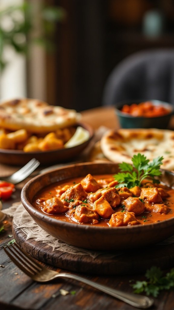 Butter chicken served with garlic naan