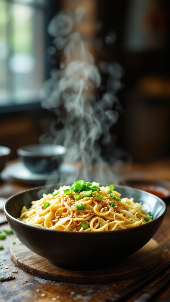 A delicious bowl of cabbage stir-fry with noodles, garnished with green onions and sesame seeds.