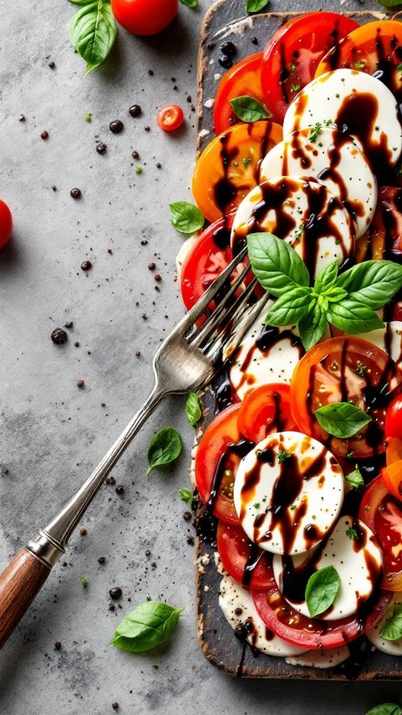 A refreshing Caprese salad featuring slices of tomato, mozzarella, and fresh basil, drizzled with balsamic glaze.