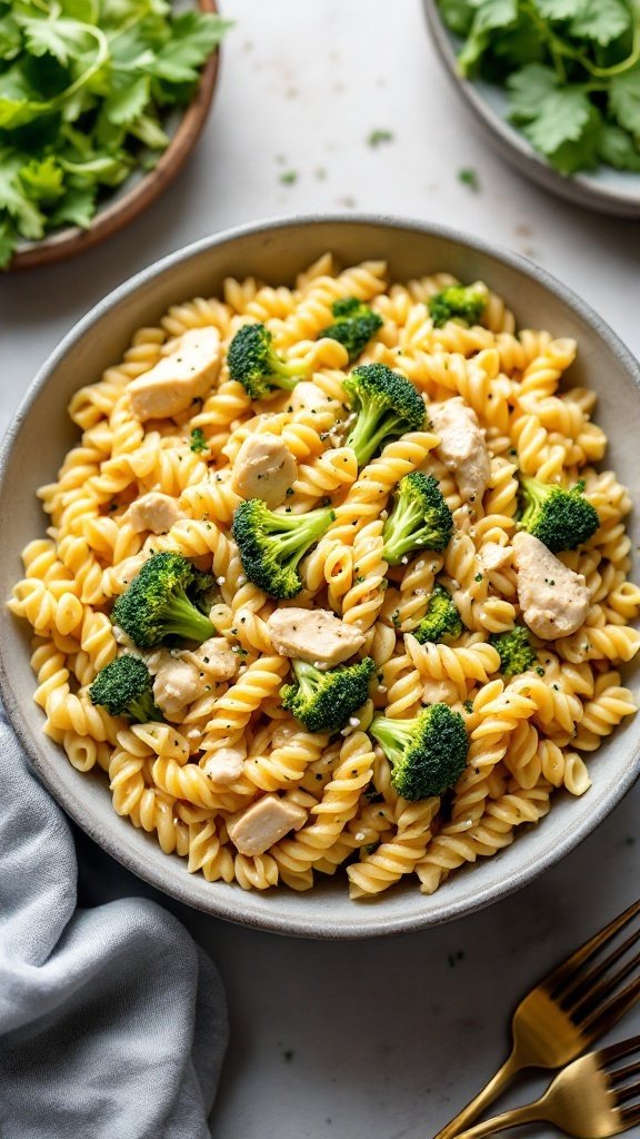 A bowl of creamy pasta with broccoli and chicken