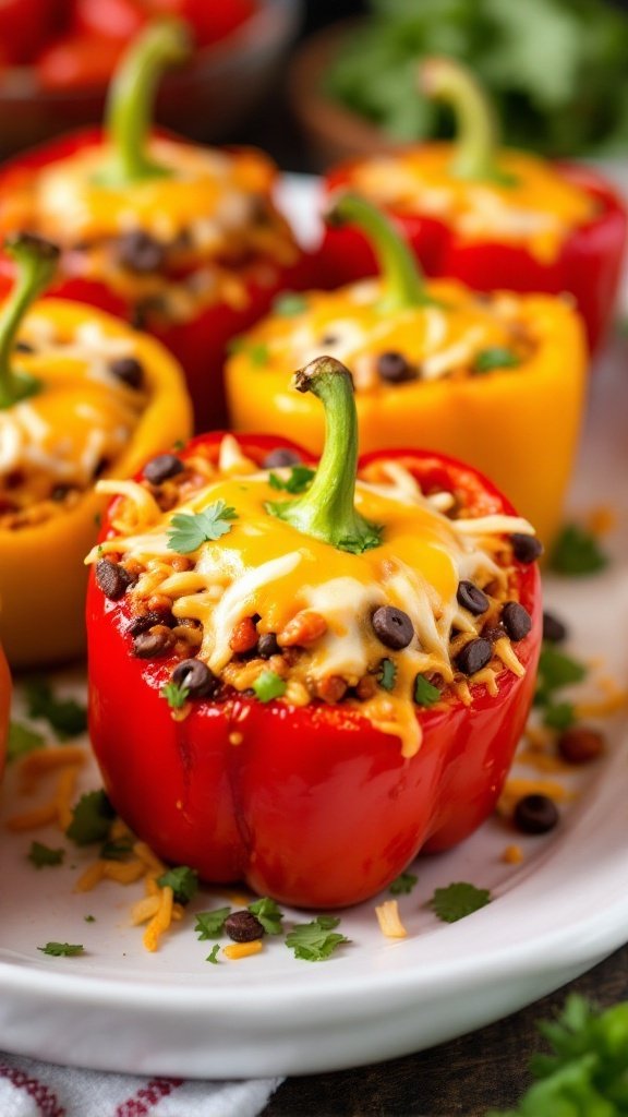 Cheesy Tex-Mex stuffed peppers topped with melted cheese and garnished with cilantro