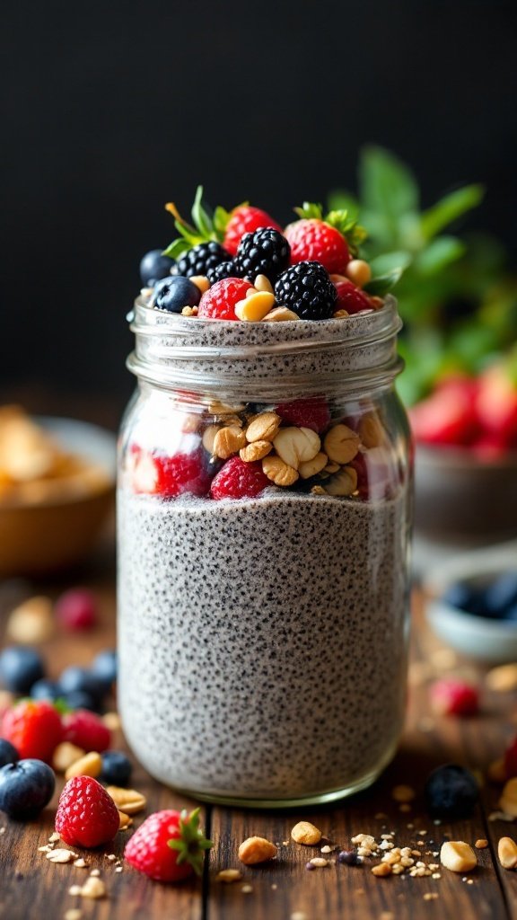A jar of chia seed pudding topped with fresh berries and granola.