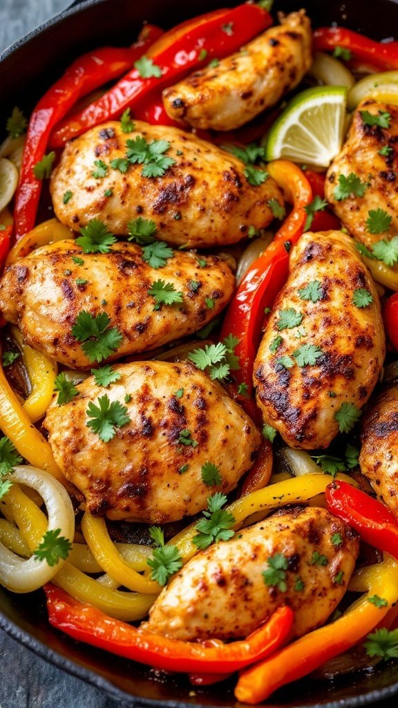 A colorful plate of chicken fajitas with peppers and onions, garnished with fresh cilantro and lime.