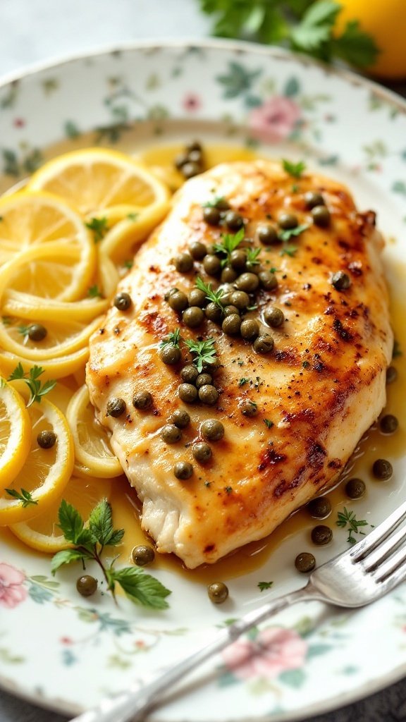 A plate of Chicken Piccata with lemon slices and capers, garnished with parsley.