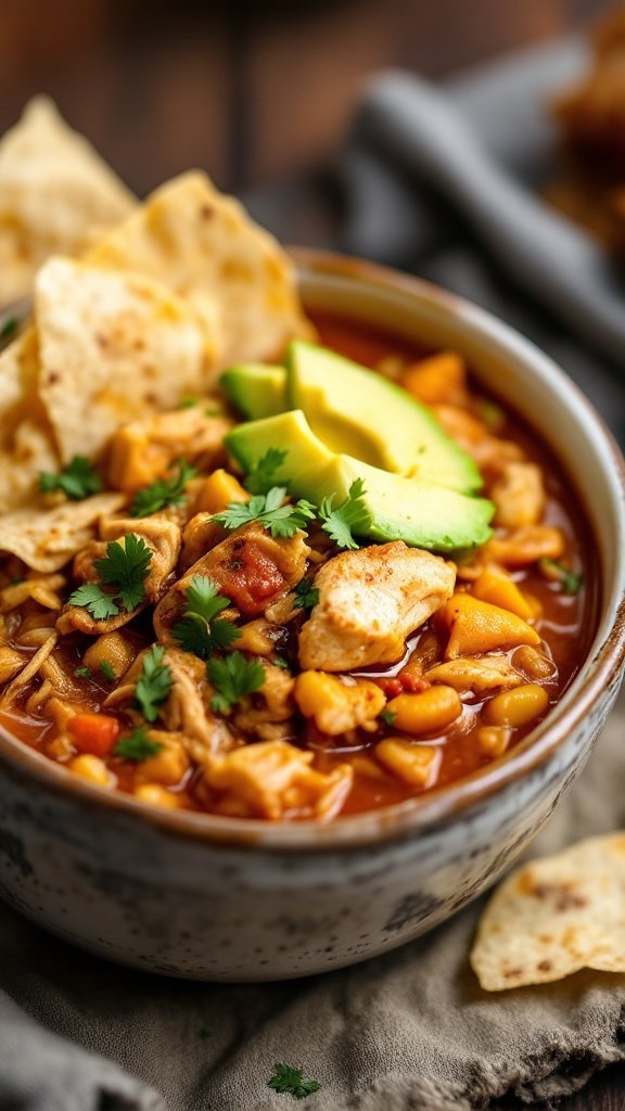 A cozy bowl of Chicken Tortilla Stew topped with avocado and cilantro.