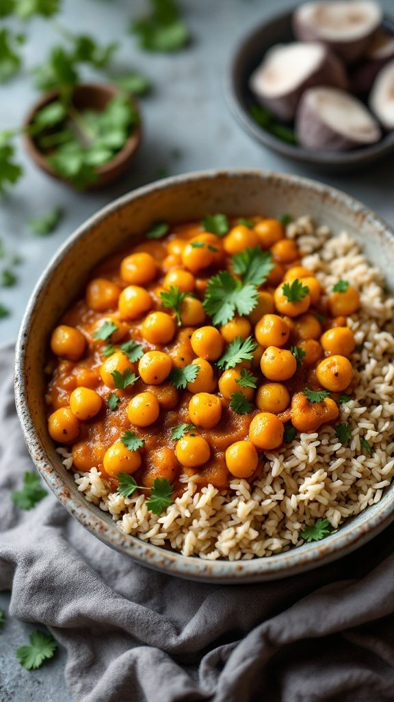 A bowl of chickpea curry served over brown rice, garnished with fresh herbs.