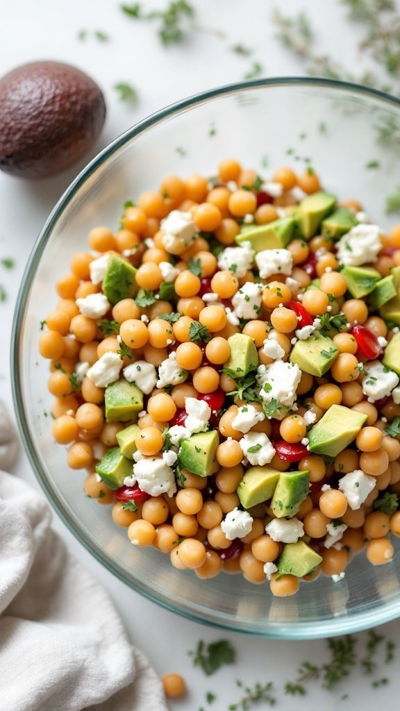 Chickpea salad with avocado and feta in a bowl.