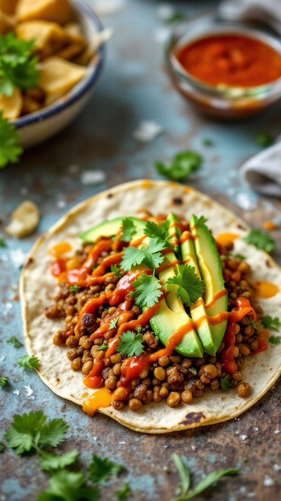 Chili-lime lentil tacos with avocado and cilantro drizzled with sauce.