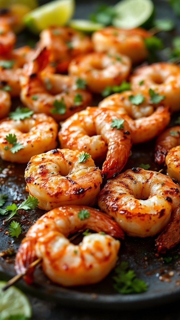 Chili lime grilled shrimp skewers garnished with cilantro and lime