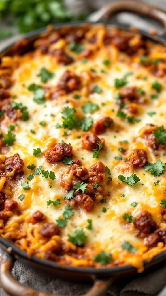 A delicious Chili Relleno Casserole topped with melted cheese and fresh cilantro.