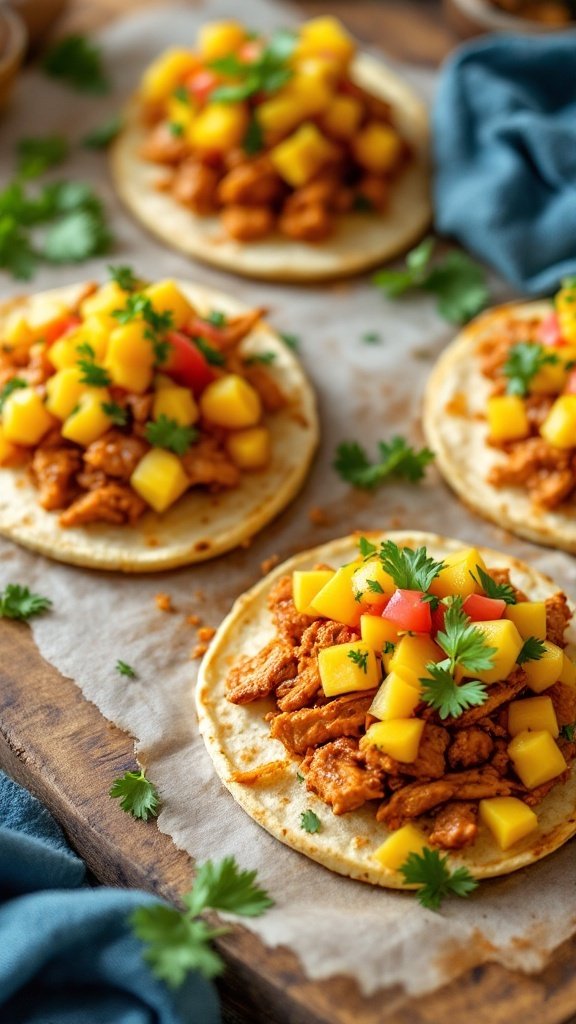 Chipotle Chicken Tostadas topped with Mango Salsa