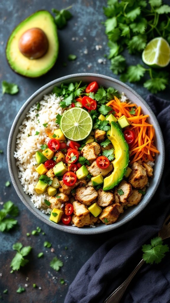 Cilantro-Lime Chicken Avocado Rice Bowl with fresh ingredients.