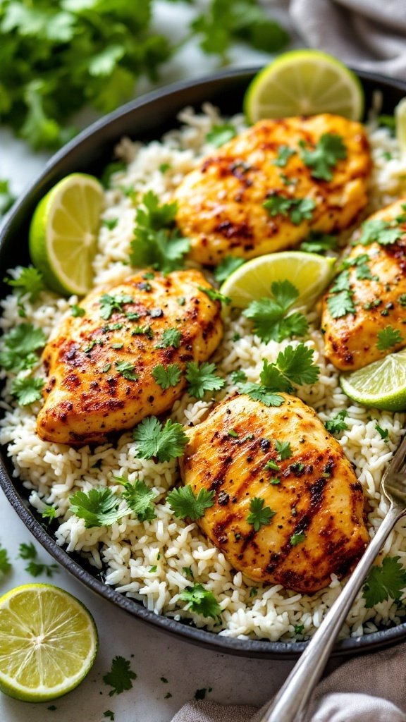 A delicious plate of cilantro lime chicken served over fluffy rice with fresh lime and cilantro.