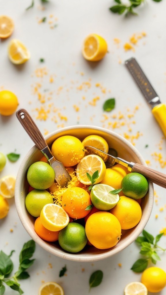 A bowl of various citrus fruits with zest and herbs scattered around.