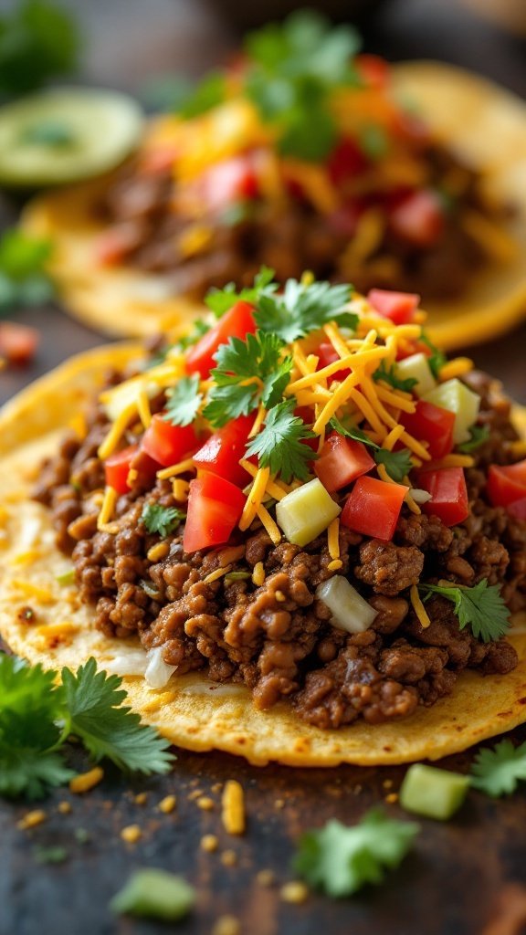 Delicious classic beef tostadas topped with refried beans, cheese, tomatoes, and cilantro.