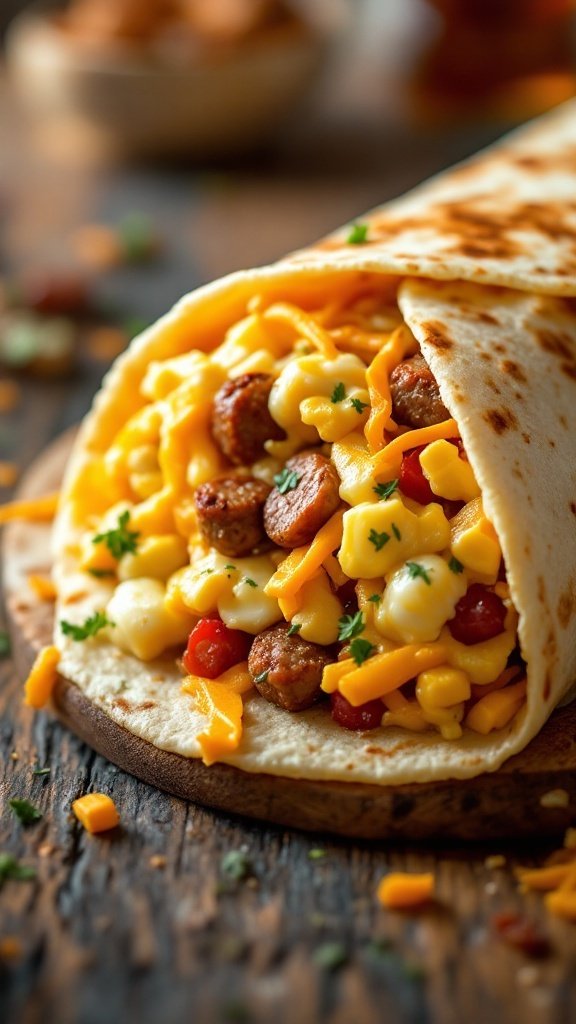 Classic breakfast burrito filled with eggs, sausage, cheese, and vegetables.