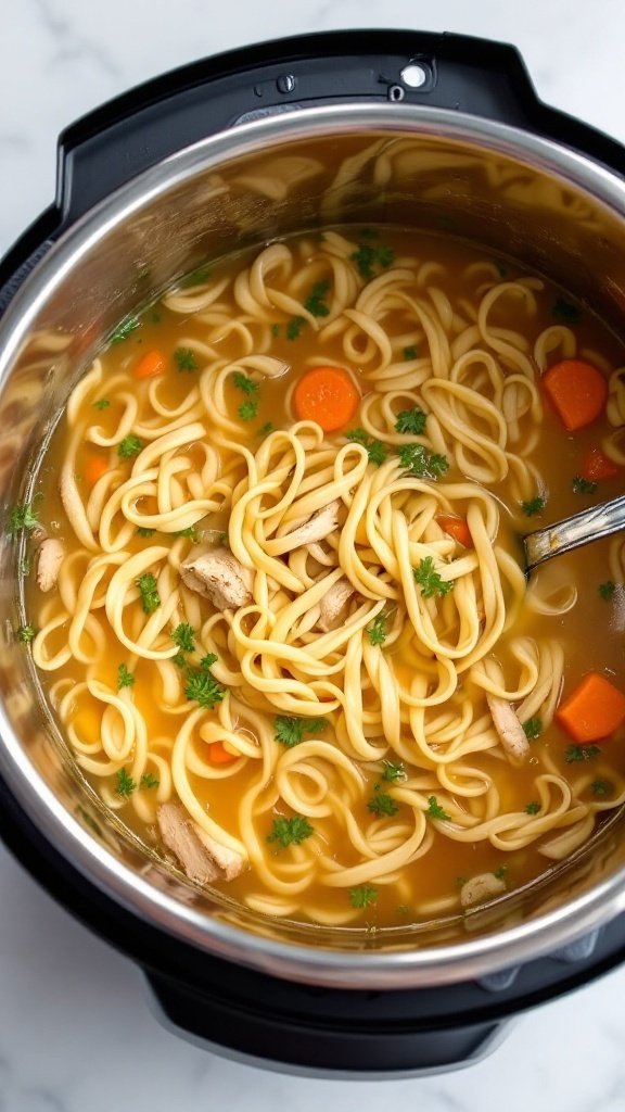 A bowl of classic chicken noodle soup made in an Instant Pot.