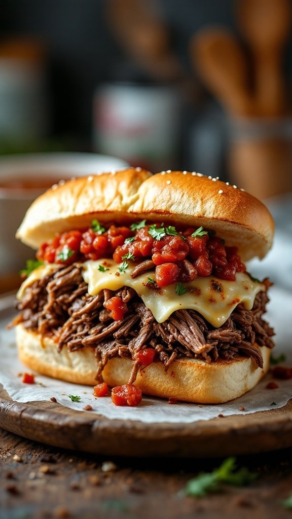 A classic Italian beef sandwich filled with shredded beef, melted cheese, and diced tomatoes on a bun.