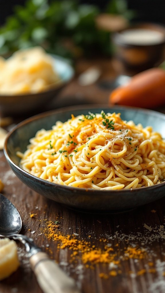 A bowl of creamy Risotto alla Milanese topped with herbs and cheese