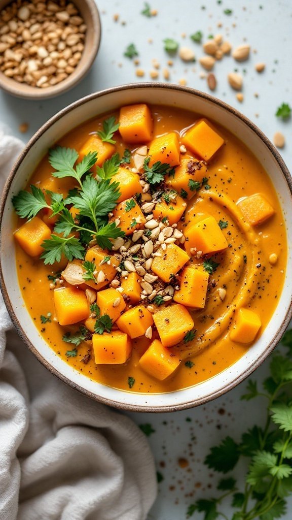 A bowl of Coconut Curry Butternut Squash Stew topped with fresh herbs and nuts.