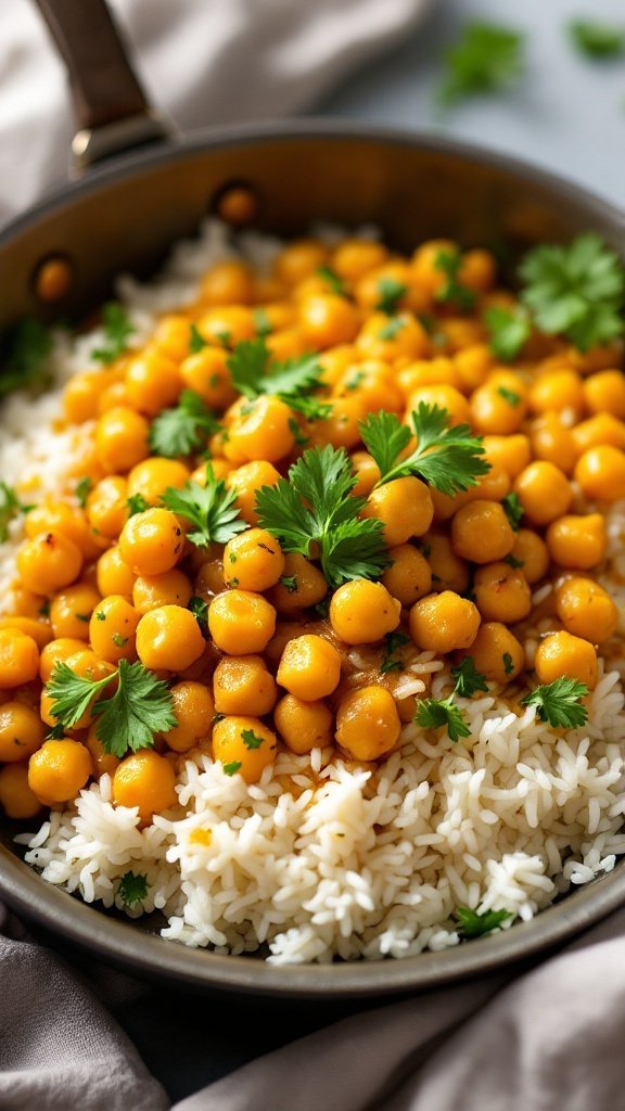 A delicious dish of coconut curry chickpeas served over fluffy rice, garnished with fresh cilantro.