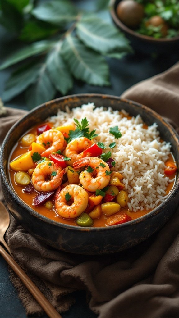 A bowl of coconut curry shrimp with rice and colorful vegetables.