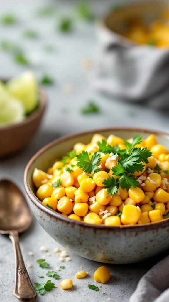 A bowl of coconut curry street corn topped with cilantro and lime wedges.