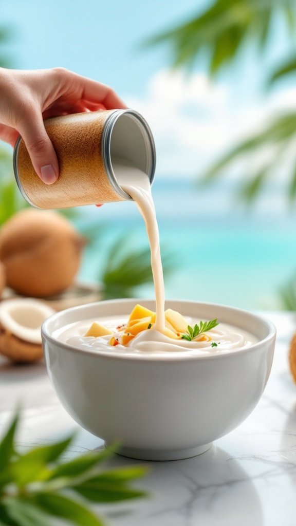 A bowl of creamy coconut curry soup garnished with cilantro and vegetables.