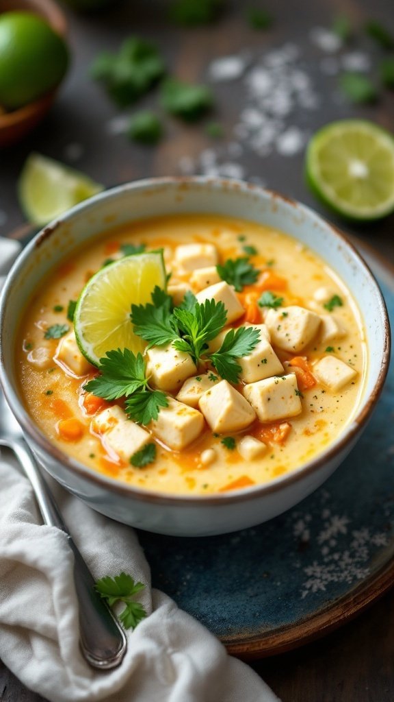 A bowl of coconut tofu soup garnished with lime and cilantro.