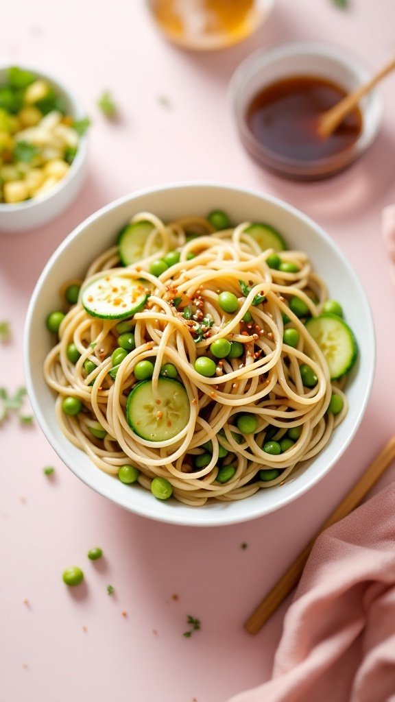 A bowl of cold soba noodle salad with fresh vegetables and sesame seeds.