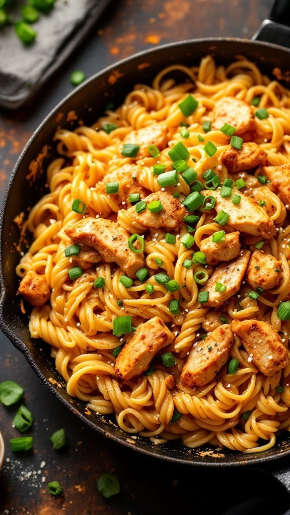 Creamy Cajun Chicken Pasta in a skillet, topped with green onions.