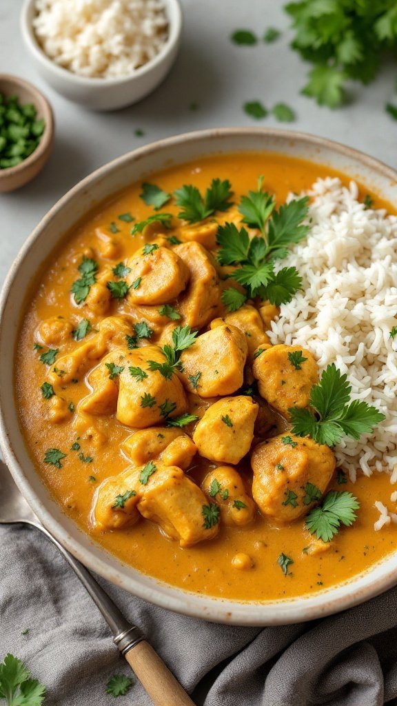 A bowl of creamy coconut chicken curry with rice and fresh cilantro