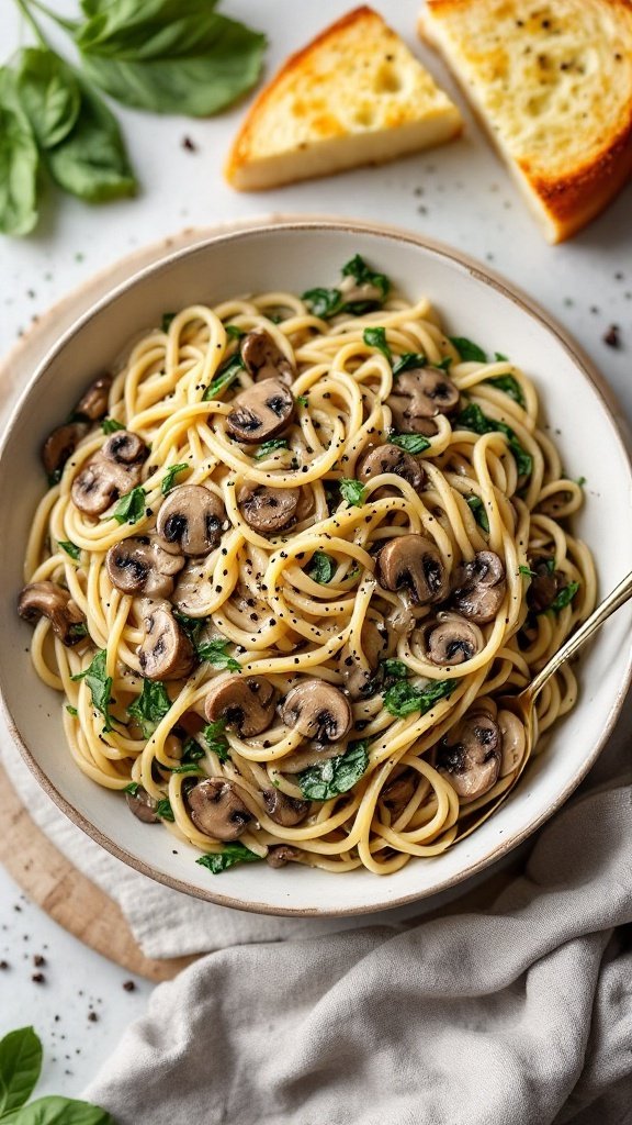 A bowl of creamy mushroom and spinach pasta with a side of garlic bread.