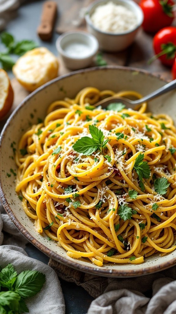 A bowl of creamy pasta topped with herbs and cheese, showcasing a Mexican-inspired dish.