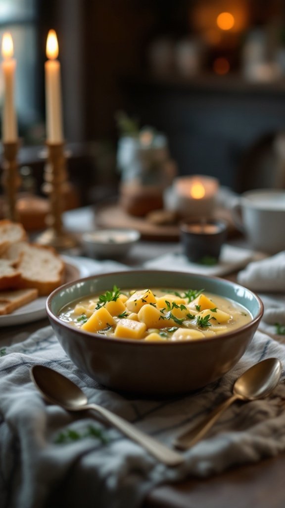 A bowl of creamy potato and leek stew with herbs and a cozy ambiance.