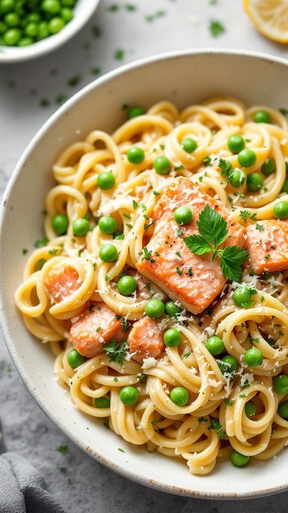 Creamy salmon pasta with peas and parsley.