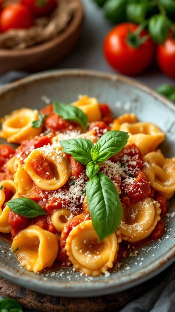 A plate of creamy tomato basil tortellini pasta garnished with fresh basil and grated cheese.