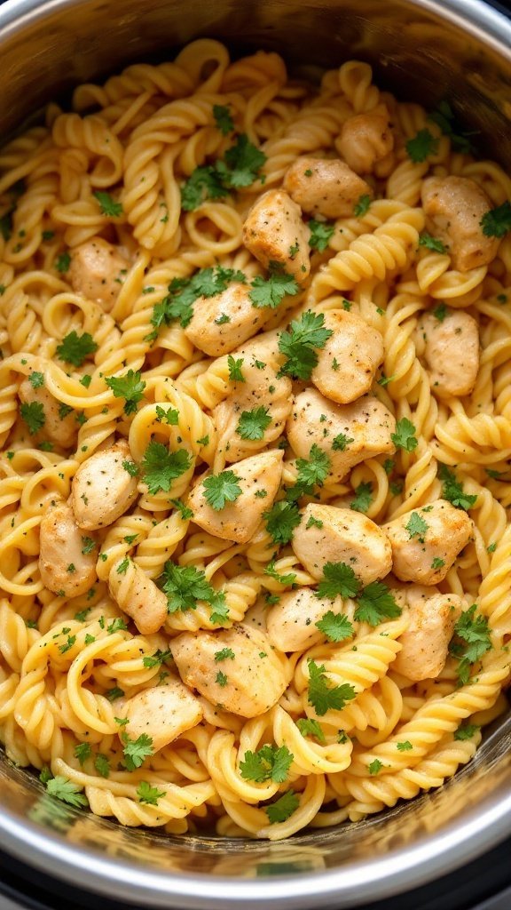 A serving of creamy Tuscan chicken pasta, featuring rotini pasta and pieces of chicken, garnished with parsley.