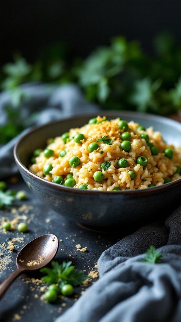 Creamy vegan risotto with peas in a bowl