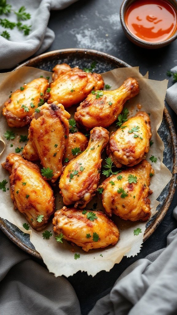 Crispy air fryer chicken wings garnished with parsley