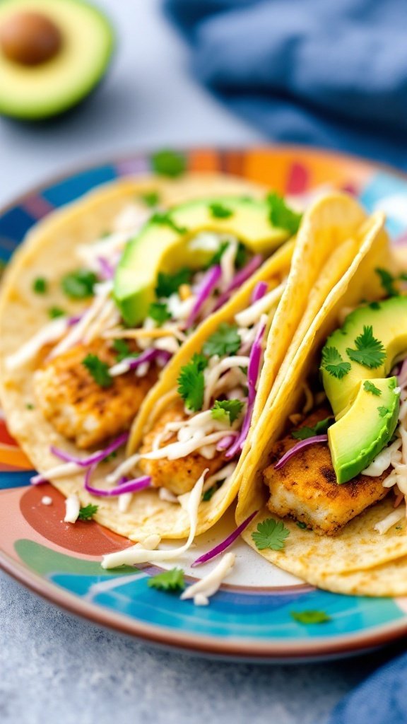 Three crispy fish tacos filled with fish, cabbage, and avocado on a colorful plate.