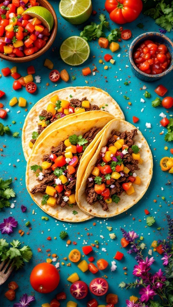 Crispy beef tacos topped with fresh salsa and garnished with cilantro.