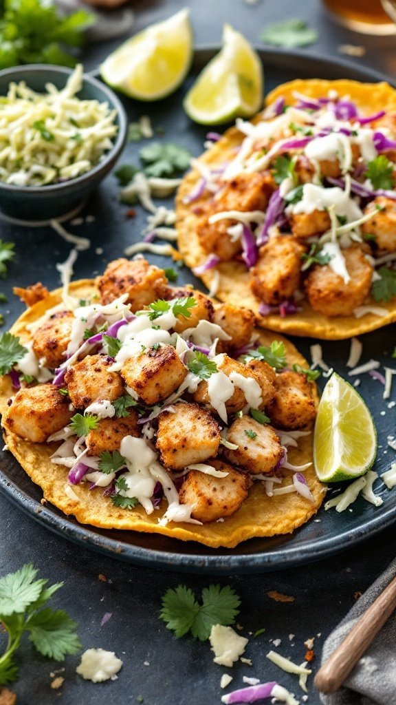 Crispy fish tostadas topped with cabbage slaw and cilantro