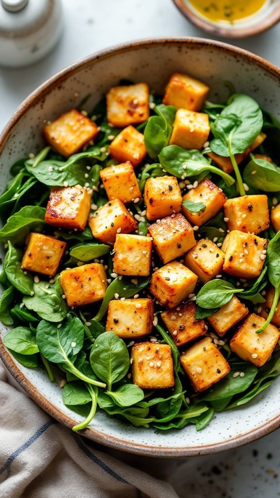 A bowl of crispy tofu and fresh spinach salad garnished with sesame seeds