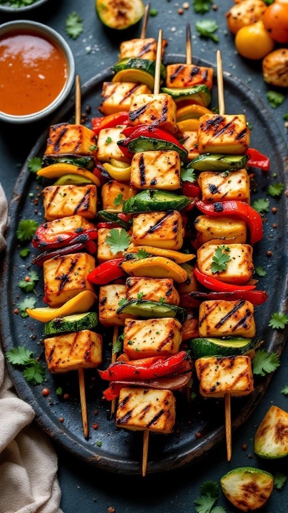 Crispy Tofu and Vegetable Skewers with vibrant colors and grilled textures