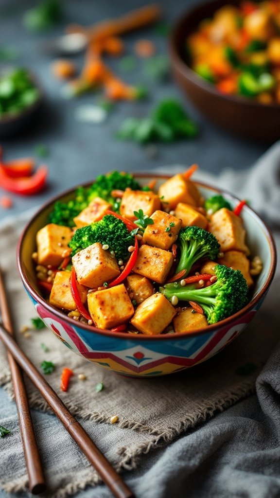 A colorful bowl of crispy tofu stir-fry with broccoli and red bell peppers.