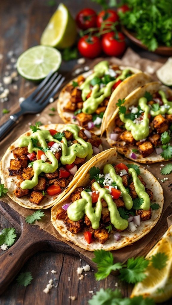 Crispy tofu tacos with avocado crema, topped with fresh vegetables.