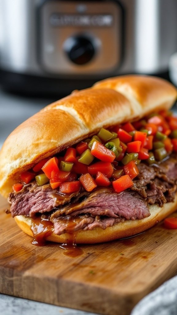 Crock Pot Italian Beef Sandwich with diced peppers on a bun