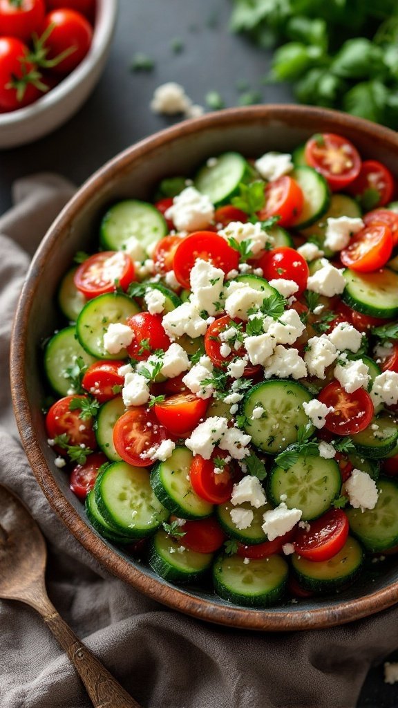 A colorful bowl of cucumber and tomato salad topped with crumbled feta cheese.